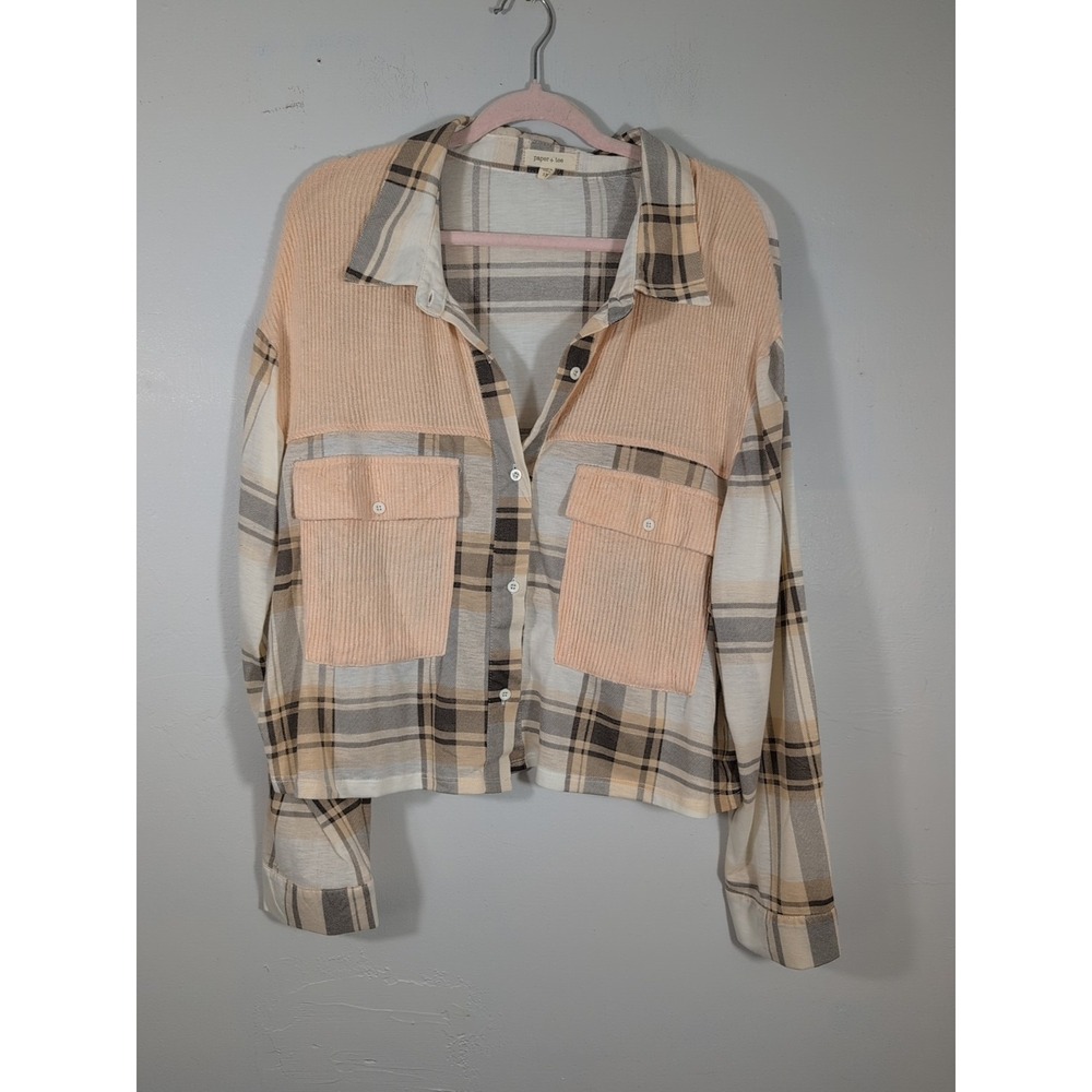 Womens Long Sleeve Button Up Peach Plaid Shirt, Size 3X, Paper + Tee